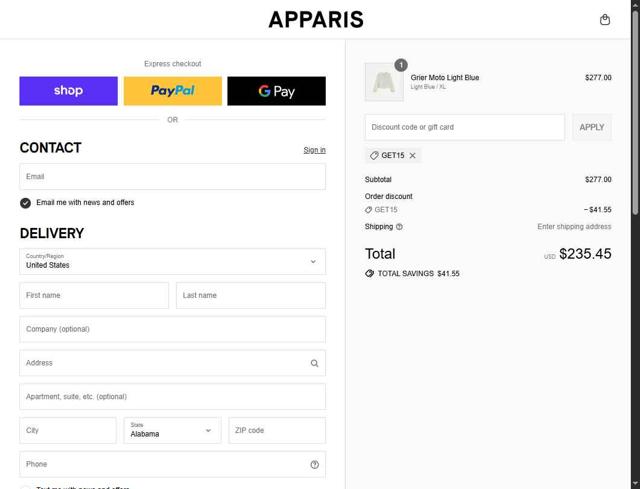 Apparis checkout page showing Apparis discount code box | Screenshot taken by SimplyCodes community member on Sep 10, 2025