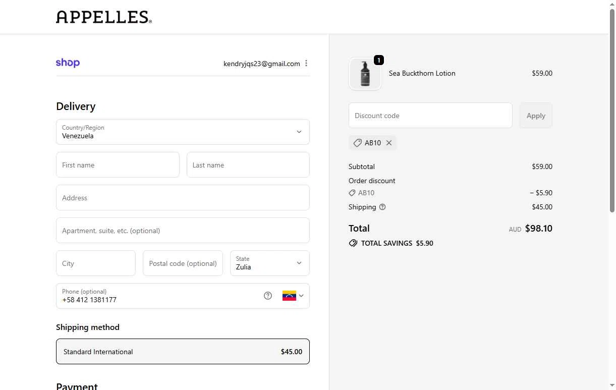 APPELLES Apothecary checkout page showing APPELLES Apothecary promo code box | Screenshot taken by SimplyCodes community member on Dec 8, 2025
