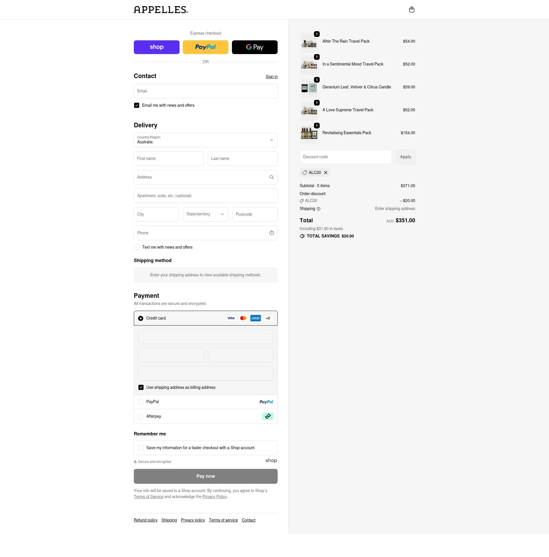 APPELLES Apothecary checkout page showing APPELLES Apothecary promo code box | Screenshot taken by SimplyCodes community member on Nov 10, 2025