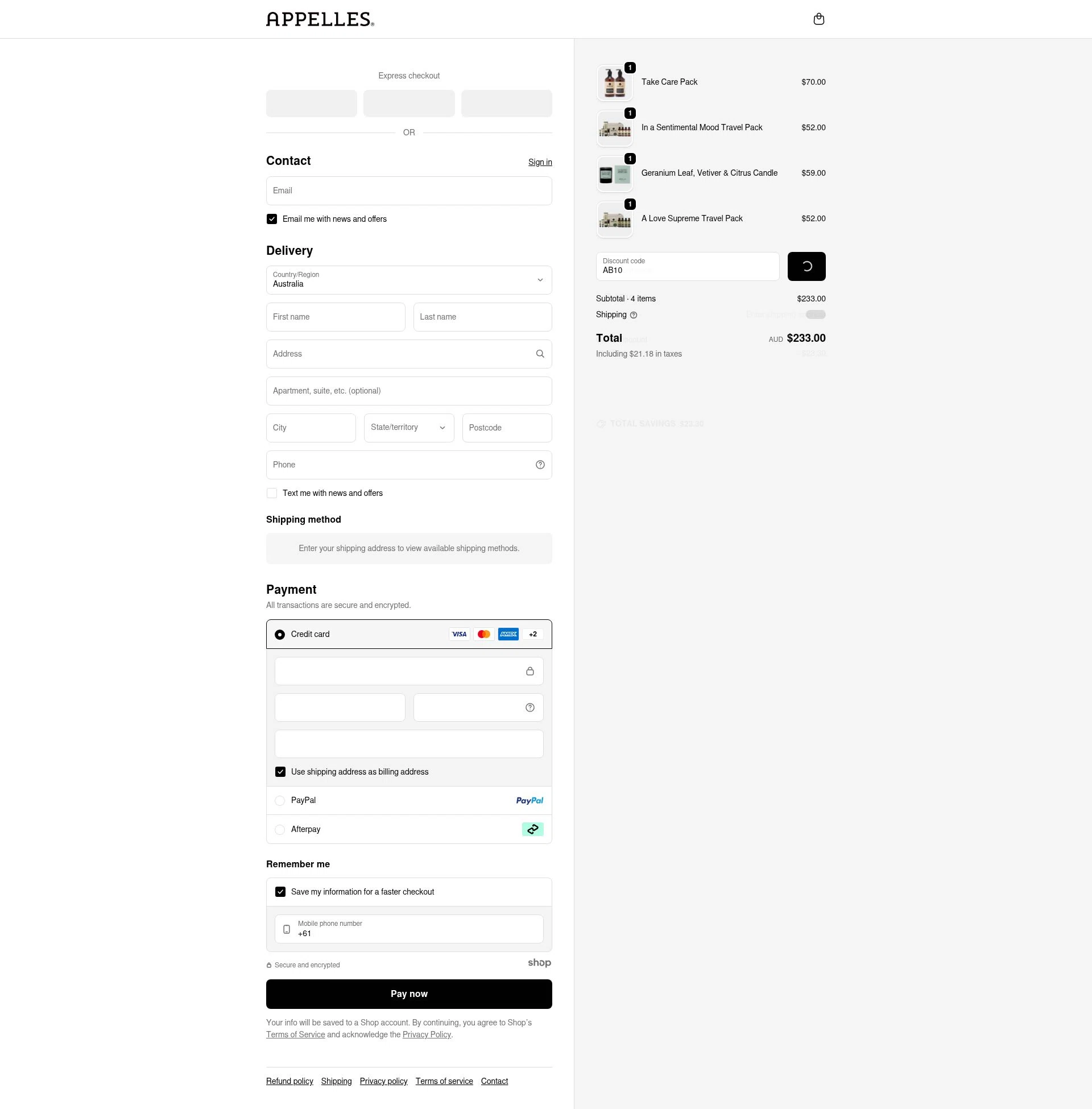 APPELLES Apothecary checkout page showing APPELLES Apothecary promo code box | Screenshot taken by SimplyCodes community member on Dec 29, 2025