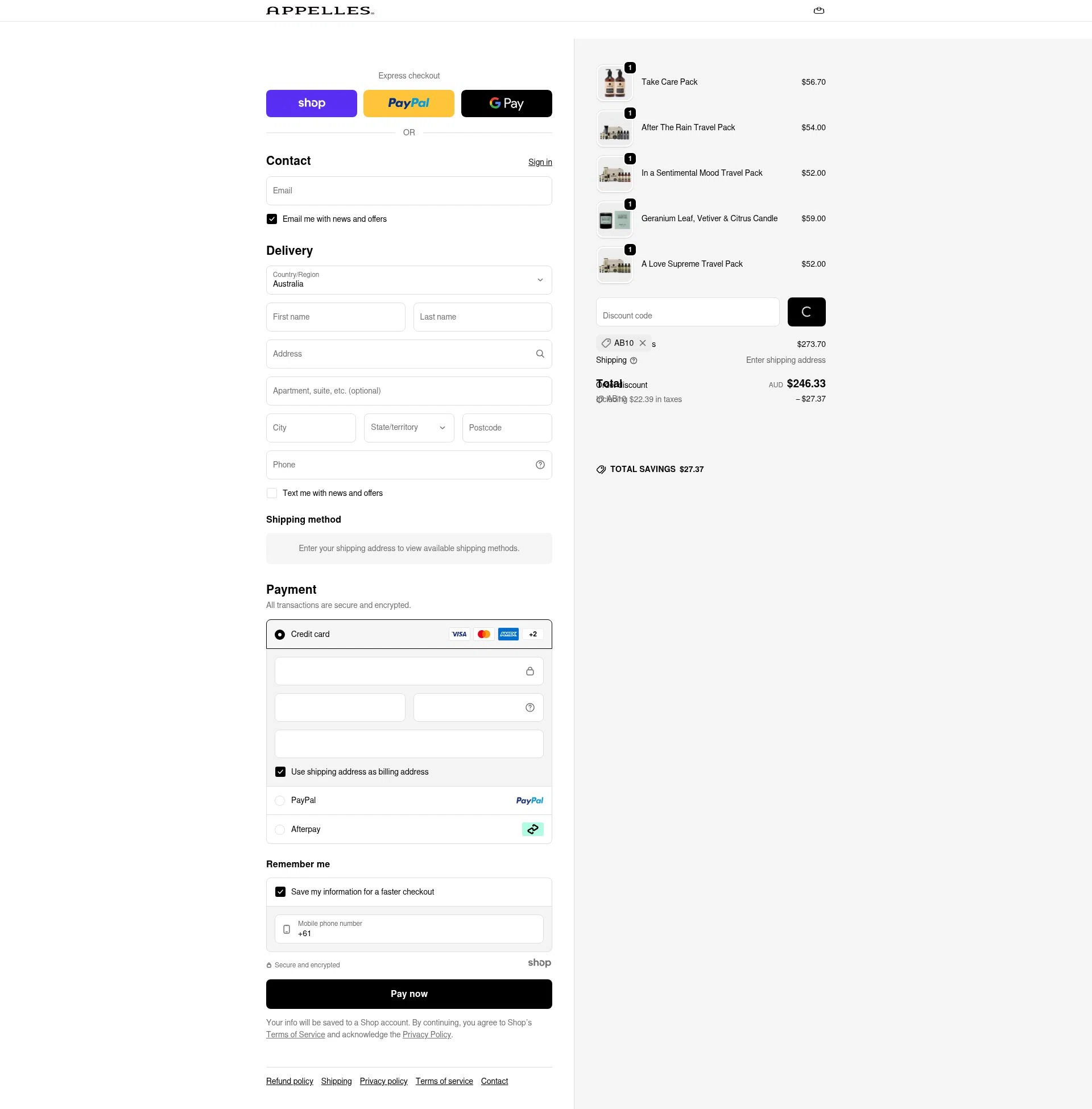 APPELLES Apothecary checkout page showing APPELLES Apothecary promo code box | Screenshot taken by SimplyCodes community member on Dec 24, 2025