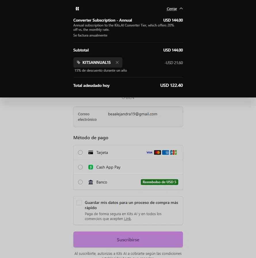 Kits AI checkout page showing Kits AI promo code box | Screenshot taken by SimplyCodes community member on Jan 27, 2026