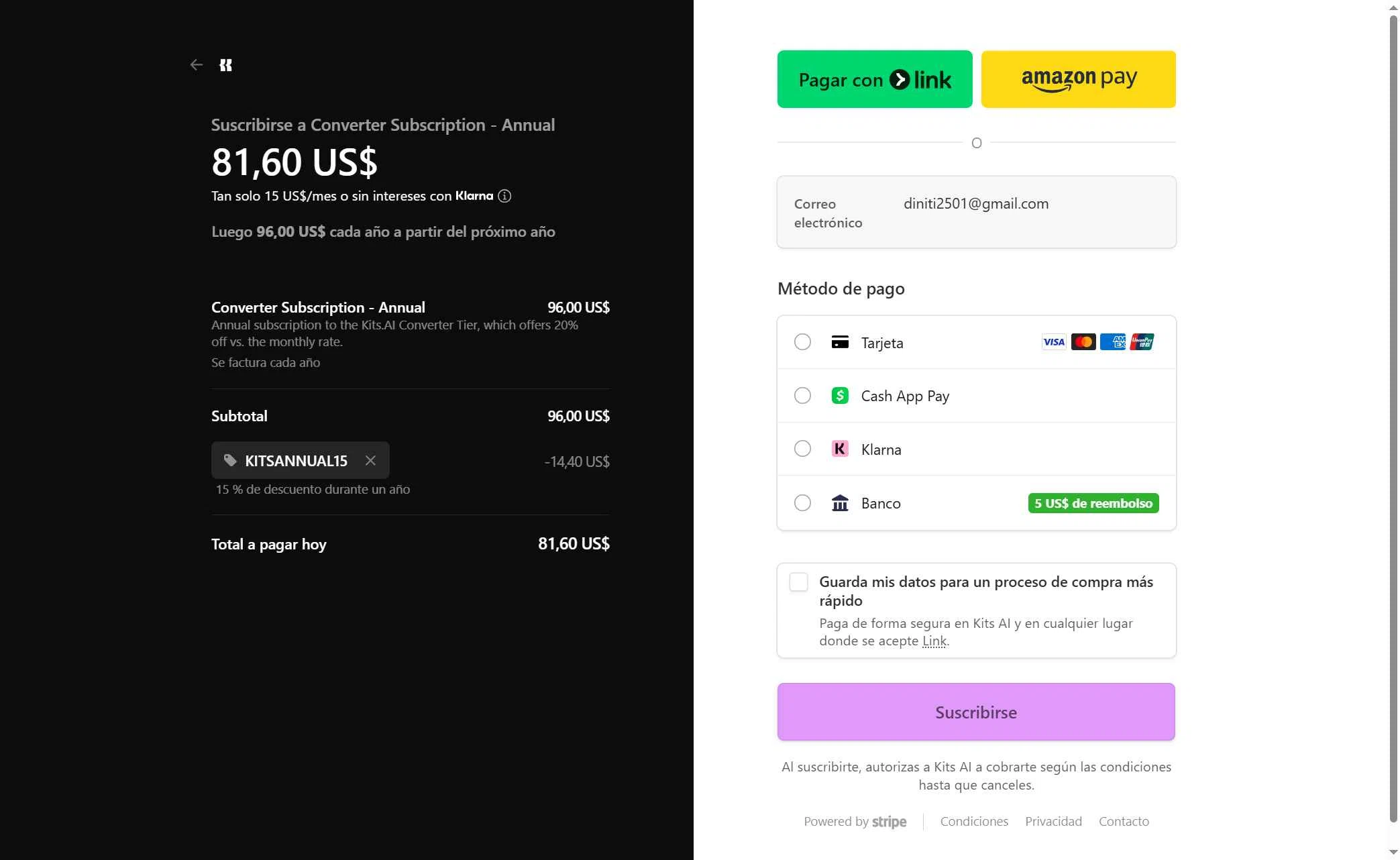 Kits AI checkout page showing Kits AI promo code box | Screenshot taken by SimplyCodes community member on Oct 24, 2025