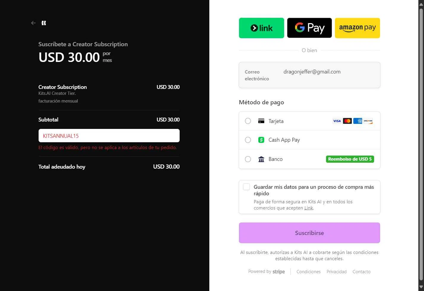 Kits AI checkout page showing Kits AI promo code box | Screenshot taken by SimplyCodes community member on Oct 12, 2025