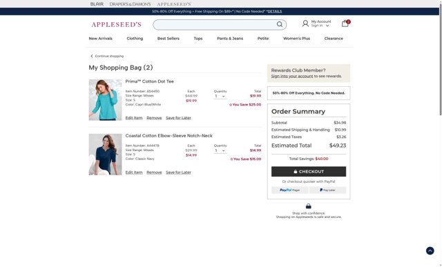 Appleseed's checkout page showing Appleseed's promo code box | Screenshot taken by SimplyCodes community member on May 16, 2025