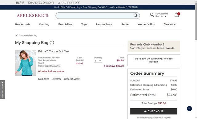 Appleseed's checkout page showing Appleseed's promo code box | Screenshot taken by SimplyCodes community member on Jun 7, 2025
