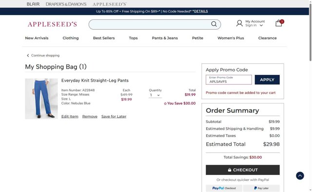 Appleseed's checkout page showing Appleseed's promo code box | Screenshot taken by SimplyCodes community member on Jul 15, 2025