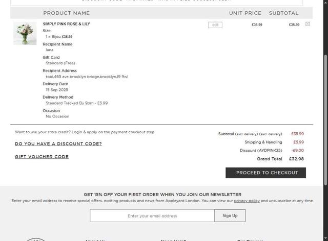 Appleyard Flowers checkout page showing Appleyard Flowers discount code box | Screenshot taken by SimplyCodes community member on Sep 13, 2025