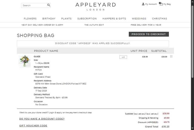 Appleyard Flowers checkout page showing Appleyard Flowers discount code box | Screenshot taken by SimplyCodes community member on Sep 16, 2025