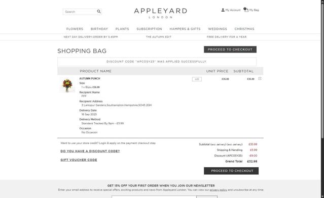 Appleyard Flowers checkout page showing Appleyard Flowers discount code box | Screenshot taken by SimplyCodes community member on Sep 15, 2025