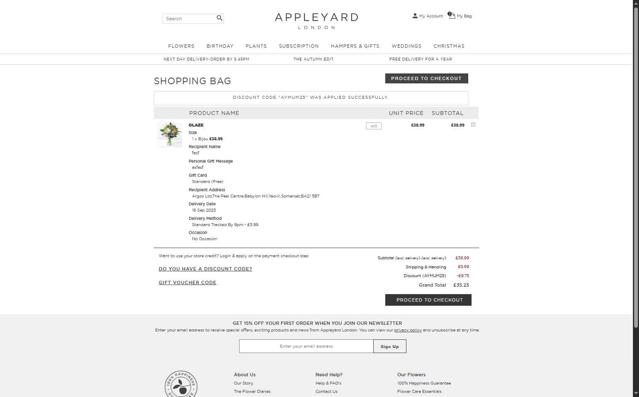 Appleyard Flowers checkout page showing Appleyard Flowers discount code box | Screenshot taken by SimplyCodes community member on Sep 15, 2025