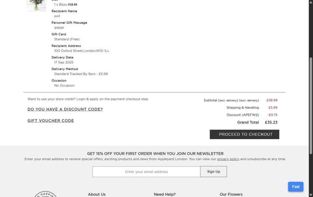 Appleyard Flowers checkout page showing Appleyard Flowers discount code box | Screenshot taken by SimplyCodes community member on Sep 16, 2025
