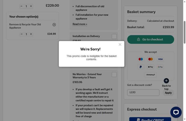 Appliances Direct UK checkout page showing Appliances Direct UK discount code box | Screenshot taken by SimplyCodes community member on May 9, 2025