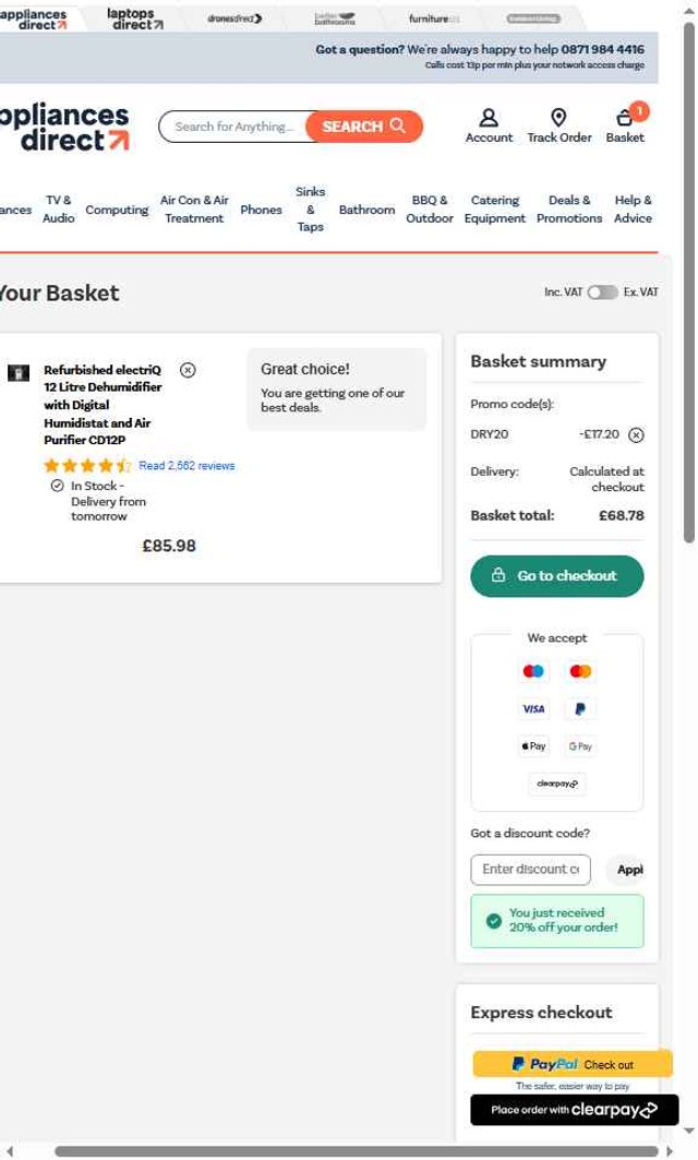 Appliances Direct UK checkout page showing Appliances Direct UK discount code box | Screenshot taken by SimplyCodes community member on May 15, 2025