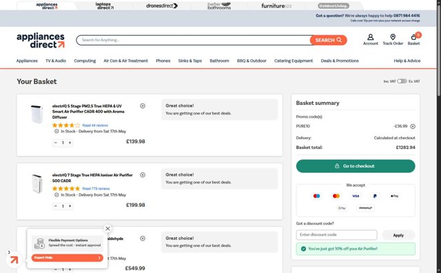 Appliances Direct UK checkout page showing Appliances Direct UK discount code box | Screenshot taken by SimplyCodes community member on May 15, 2025