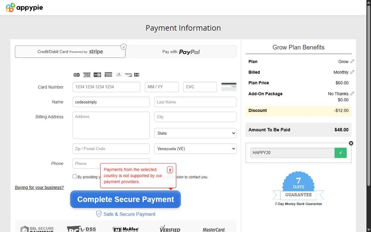 AppyPie checkout page showing AppyPie promo code box | Screenshot taken by SimplyCodes community member on Jan 29, 2026