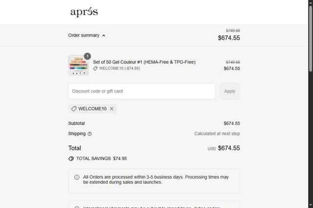 Apres Nail checkout page showing Apres Nail discount code box | Screenshot taken by SimplyCodes community member on Aug 31, 2025
