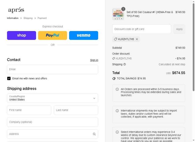 Apres Nail checkout page showing Apres Nail discount code box | Screenshot taken by SimplyCodes community member on Sep 10, 2025