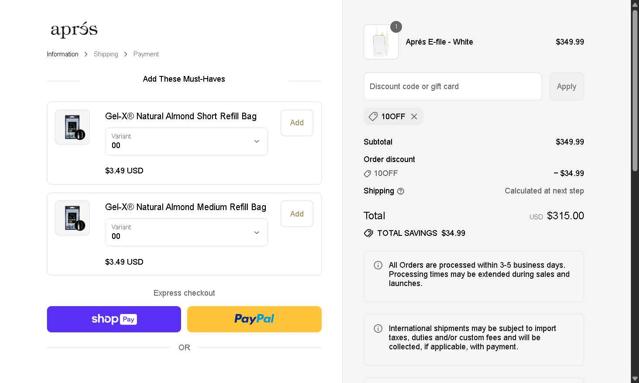 Apres Nail checkout page showing Apres Nail discount code box | Screenshot taken by SimplyCodes community member on Aug 16, 2025