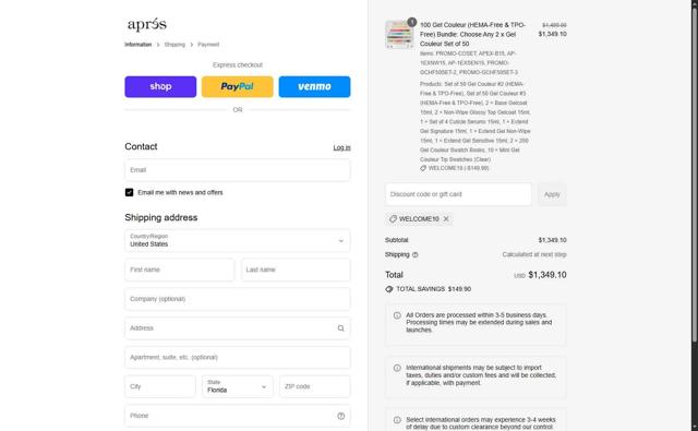 Apres Nail checkout page showing Apres Nail discount code box | Screenshot taken by SimplyCodes community member on Sep 4, 2025