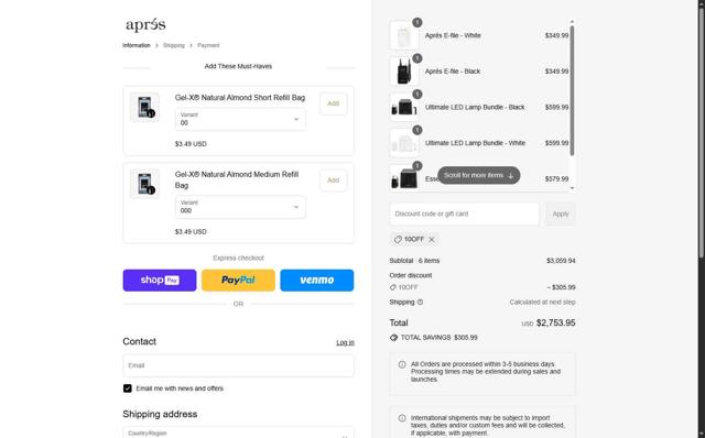 Apres Nail checkout page showing Apres Nail discount code box | Screenshot taken by SimplyCodes community member on Aug 22, 2025