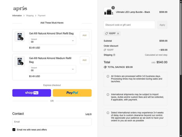 Apres Nail checkout page showing Apres Nail discount code box | Screenshot taken by SimplyCodes community member on Aug 13, 2025