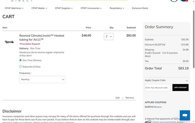 ApriaDirect checkout page showing ApriaDirect promo code box | Screenshot taken by SimplyCodes community member on Aug 2, 2025