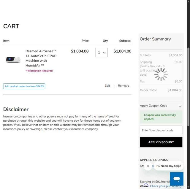 ApriaDirect checkout page showing ApriaDirect promo code box | Screenshot taken by SimplyCodes community member on Aug 13, 2025