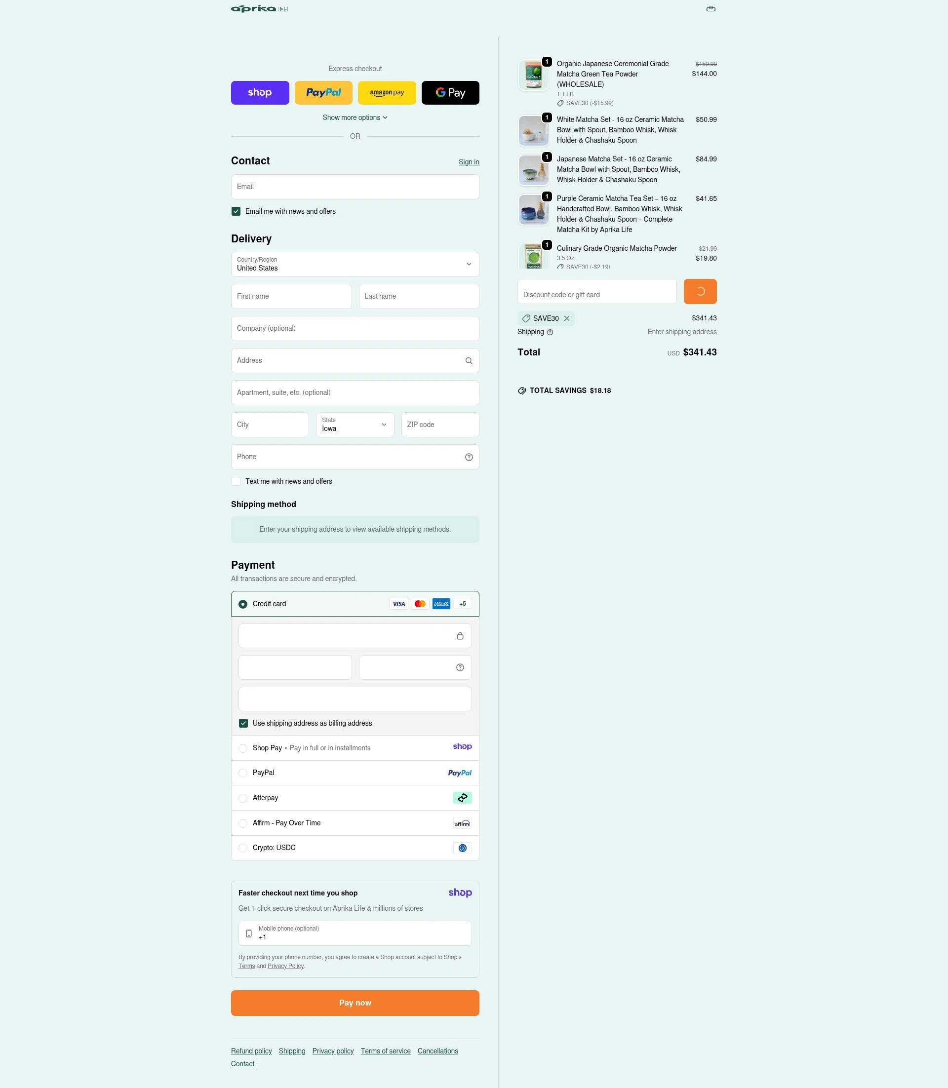 aprikamatcha checkout page showing aprikamatcha promo code box | Screenshot taken by SimplyCodes community member on Jan 10, 2026