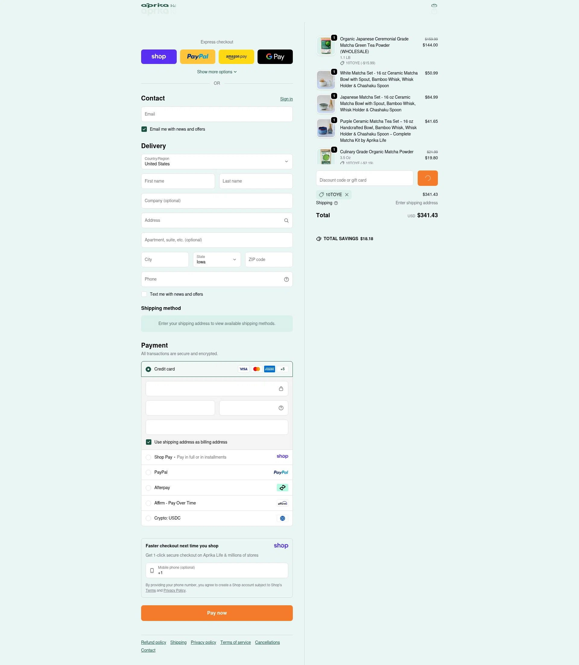 aprikamatcha checkout page showing aprikamatcha promo code box | Screenshot taken by SimplyCodes community member on Jan 10, 2026