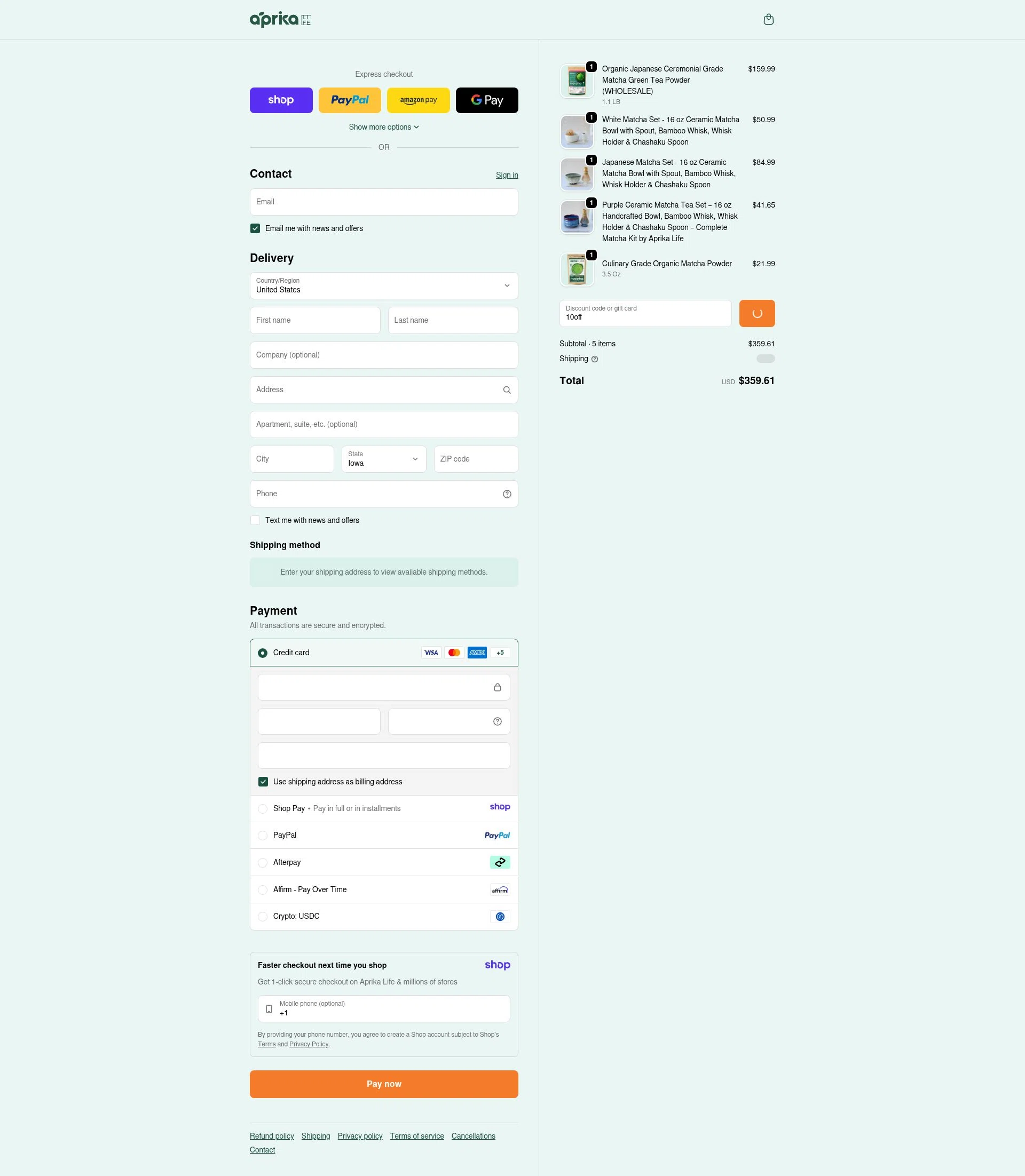 aprikamatcha checkout page showing aprikamatcha promo code box | Screenshot taken by SimplyCodes community member on Jan 10, 2026