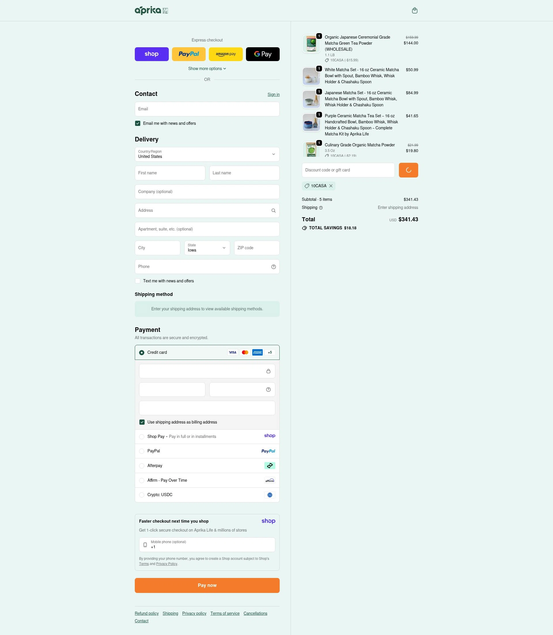 aprikamatcha checkout page showing aprikamatcha promo code box | Screenshot taken by SimplyCodes community member on Jan 10, 2026