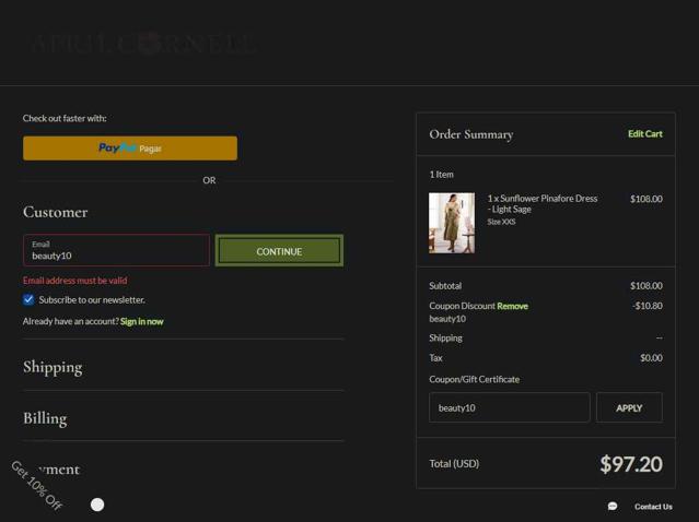 April Cornell checkout page showing April Cornell coupon code box | Screenshot taken by SimplyCodes community member on Aug 6, 2025