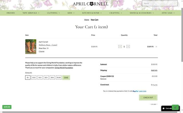 April Cornell checkout page showing April Cornell coupon code box | Screenshot taken by SimplyCodes community member on Sep 11, 2025