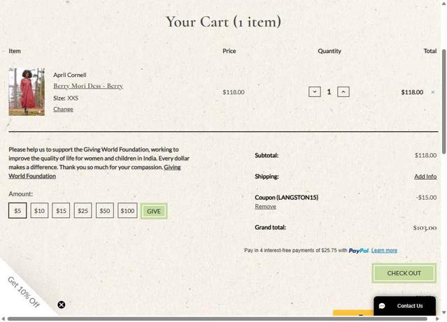 April Cornell checkout page showing April Cornell coupon code box | Screenshot taken by SimplyCodes community member on Aug 24, 2025