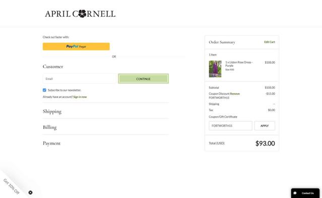 April Cornell checkout page showing April Cornell coupon code box | Screenshot taken by SimplyCodes community member on Aug 28, 2025