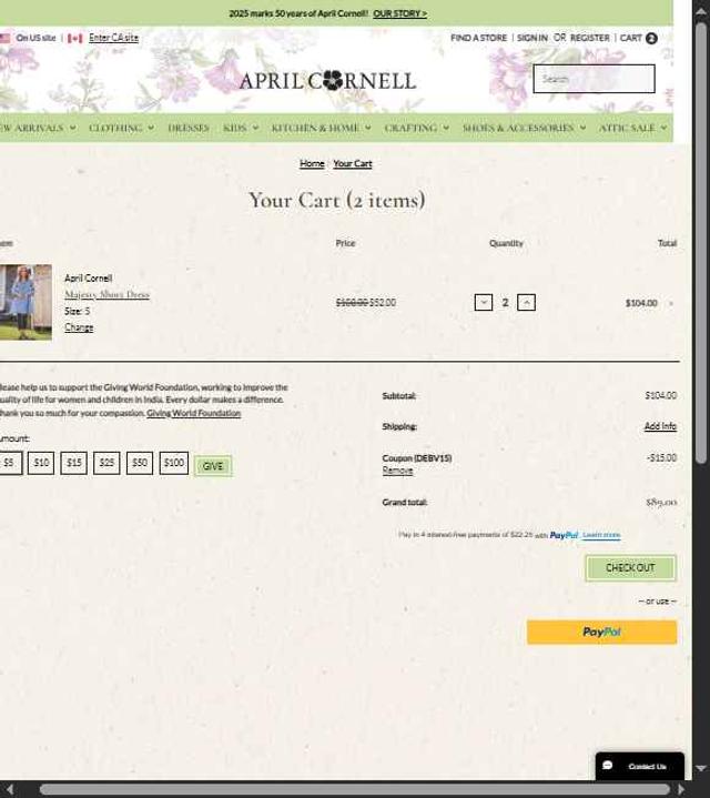 April Cornell checkout page showing April Cornell coupon code box | Screenshot taken by SimplyCodes community member on Aug 2, 2025