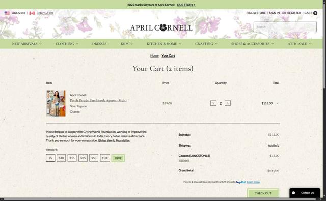 April Cornell checkout page showing April Cornell coupon code box | Screenshot taken by SimplyCodes community member on Aug 9, 2025