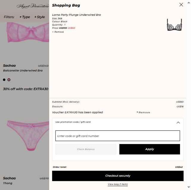 Agent Provocateur checkout page showing Agent Provocateur promo code box | Screenshot taken by SimplyCodes community member on Aug 10, 2025