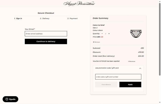 Agent Provocateur checkout page showing Agent Provocateur promo code box | Screenshot taken by SimplyCodes community member on Aug 4, 2025