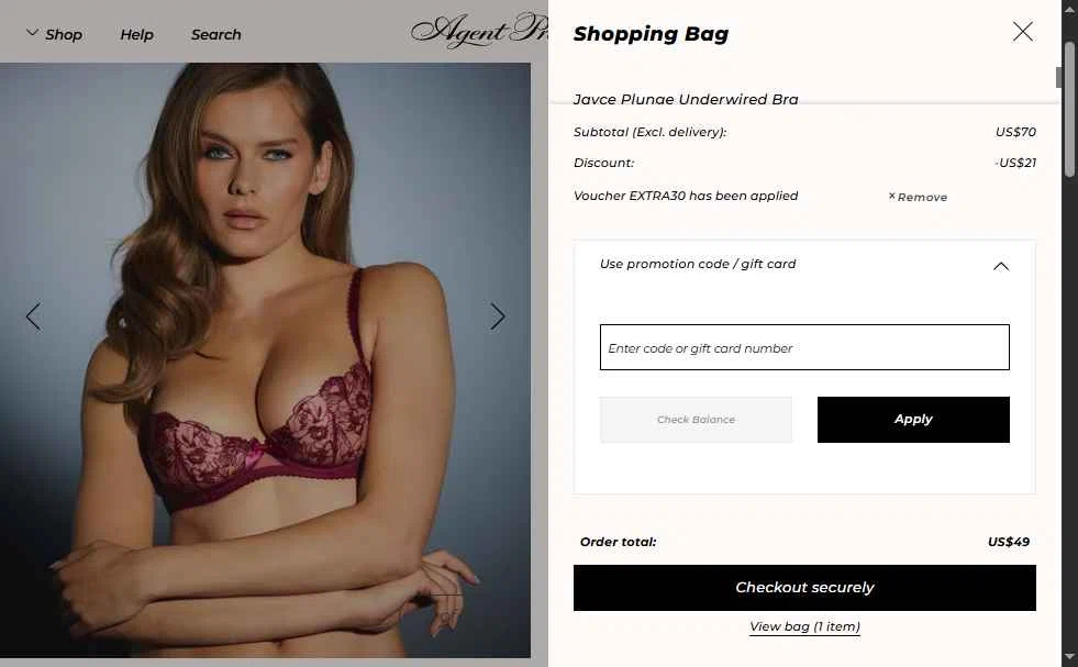 Agent Provocateur checkout page showing Agent Provocateur promo code box | Screenshot taken by SimplyCodes community member on Jan 24, 2026