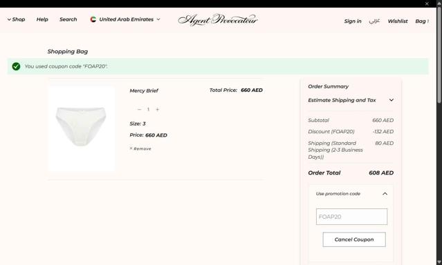 Agent Provocateur checkout page showing Agent Provocateur promo code box | Screenshot taken by SimplyCodes community member on Aug 6, 2025