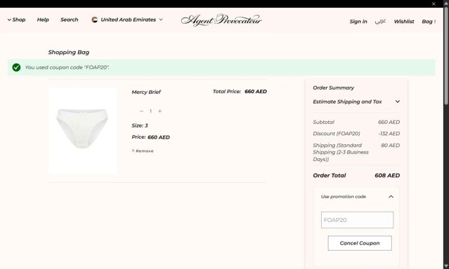 Agent Provocateur checkout page showing Agent Provocateur promo code box | Screenshot taken by SimplyCodes community member on Aug 6, 2025