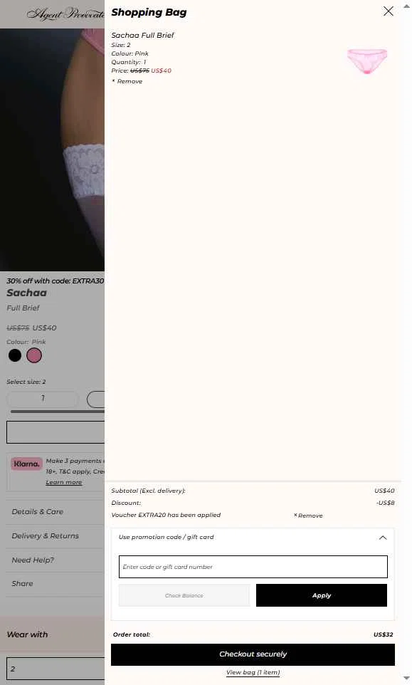 Agent Provocateur checkout page showing Agent Provocateur promo code box | Screenshot taken by SimplyCodes community member on Jan 13, 2026