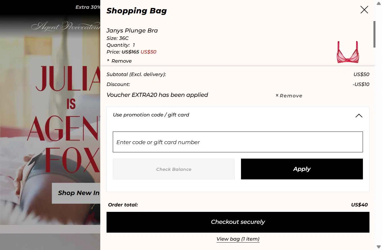 Agent Provocateur checkout page showing Agent Provocateur promo code box | Screenshot taken by SimplyCodes community member on Oct 23, 2025