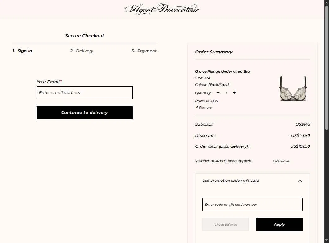 Agent Provocateur checkout page showing Agent Provocateur promo code box | Screenshot taken by SimplyCodes community member on Dec 2, 2025