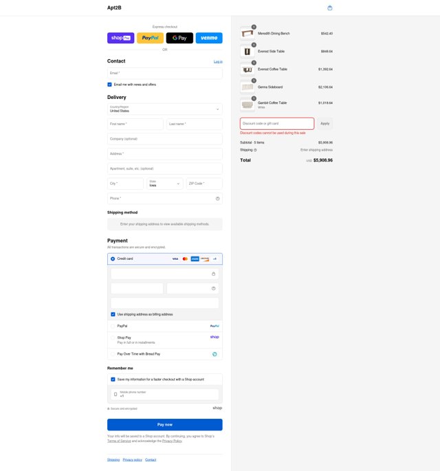 Apt2B checkout page showing Apt2B promo code box | Screenshot taken by SimplyCodes community member on Aug 16, 2025