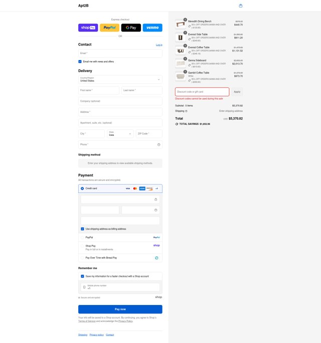 Apt2B checkout page showing Apt2B promo code box | Screenshot taken by SimplyCodes community member on Aug 25, 2025