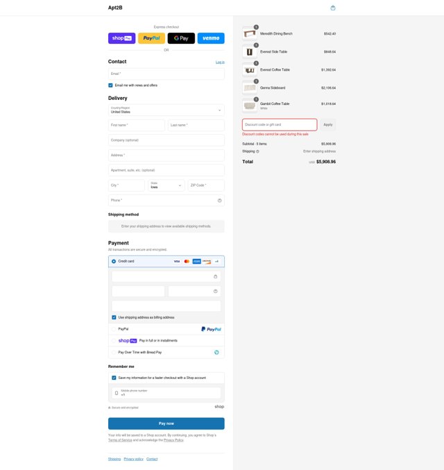 Apt2B checkout page showing Apt2B promo code box | Screenshot taken by SimplyCodes community member on Aug 12, 2025