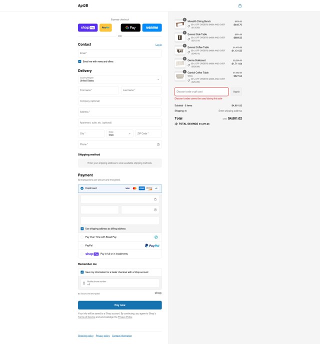 Apt2B checkout page showing Apt2B promo code box | Screenshot taken by SimplyCodes community member on Jul 9, 2025